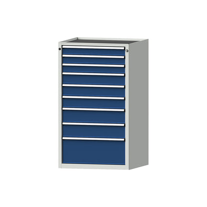 Drawer cupboard, WxD 760 x 675 mm, max. drawer load 200 kg, 9 drawers, height 1280 mm, front in gentian blue.