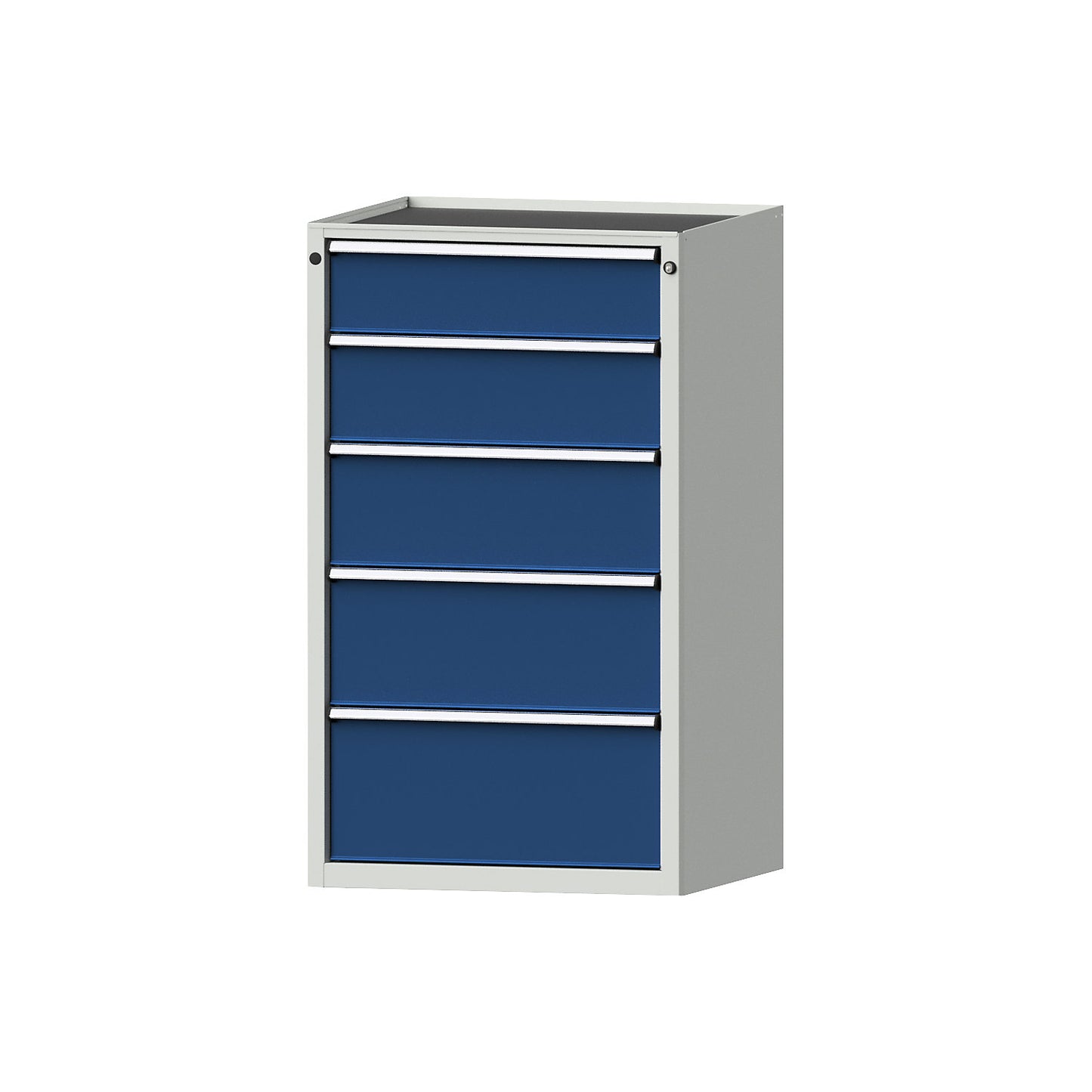 Drawer cupboard, WxD 760 x 675 mm, max. drawer load 200 kg, 5 drawers, height 1280 mm, front in gentian blue.