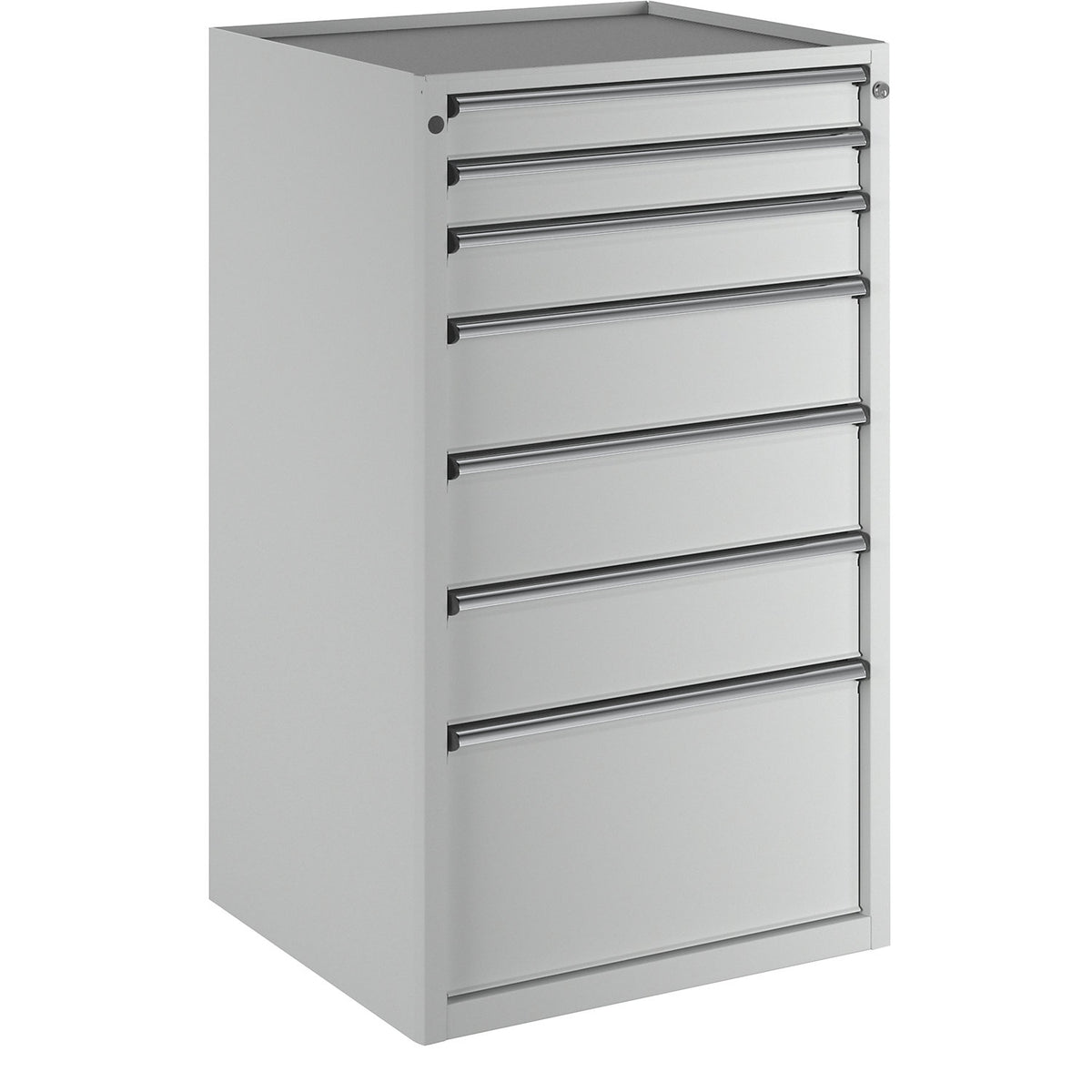 Drawer cupboard, WxD 760 x 675 mm, max. drawer load 100 kg, 7 drawers, height 1280 mm, front in light grey.
