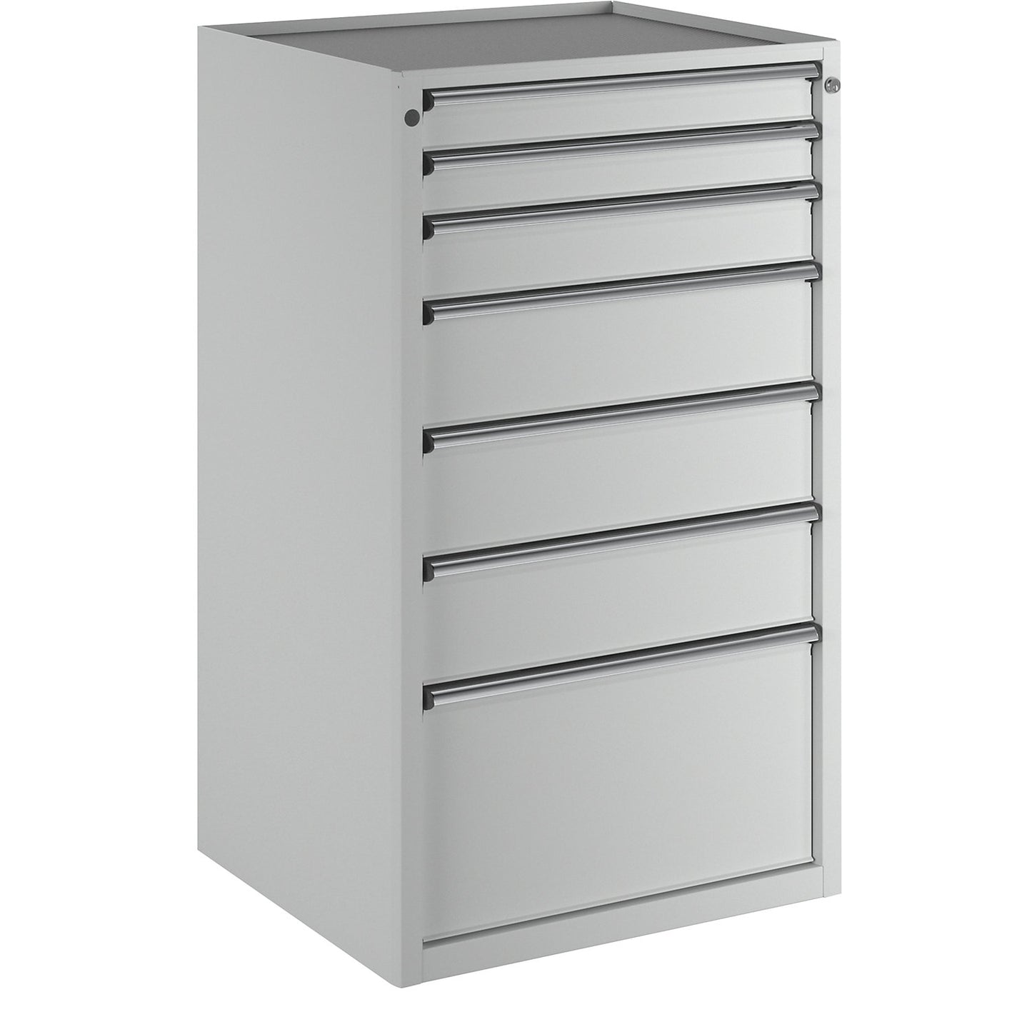 Drawer cupboard, WxD 760 x 675 mm, max. drawer load 100 kg, 7 drawers, height 1280 mm, front in light grey.