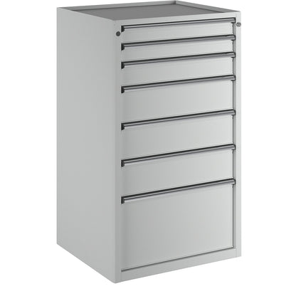 Drawer cupboard, WxD 760 x 675 mm, max. drawer load 100 kg, 7 drawers, height 1280 mm, front in light grey.