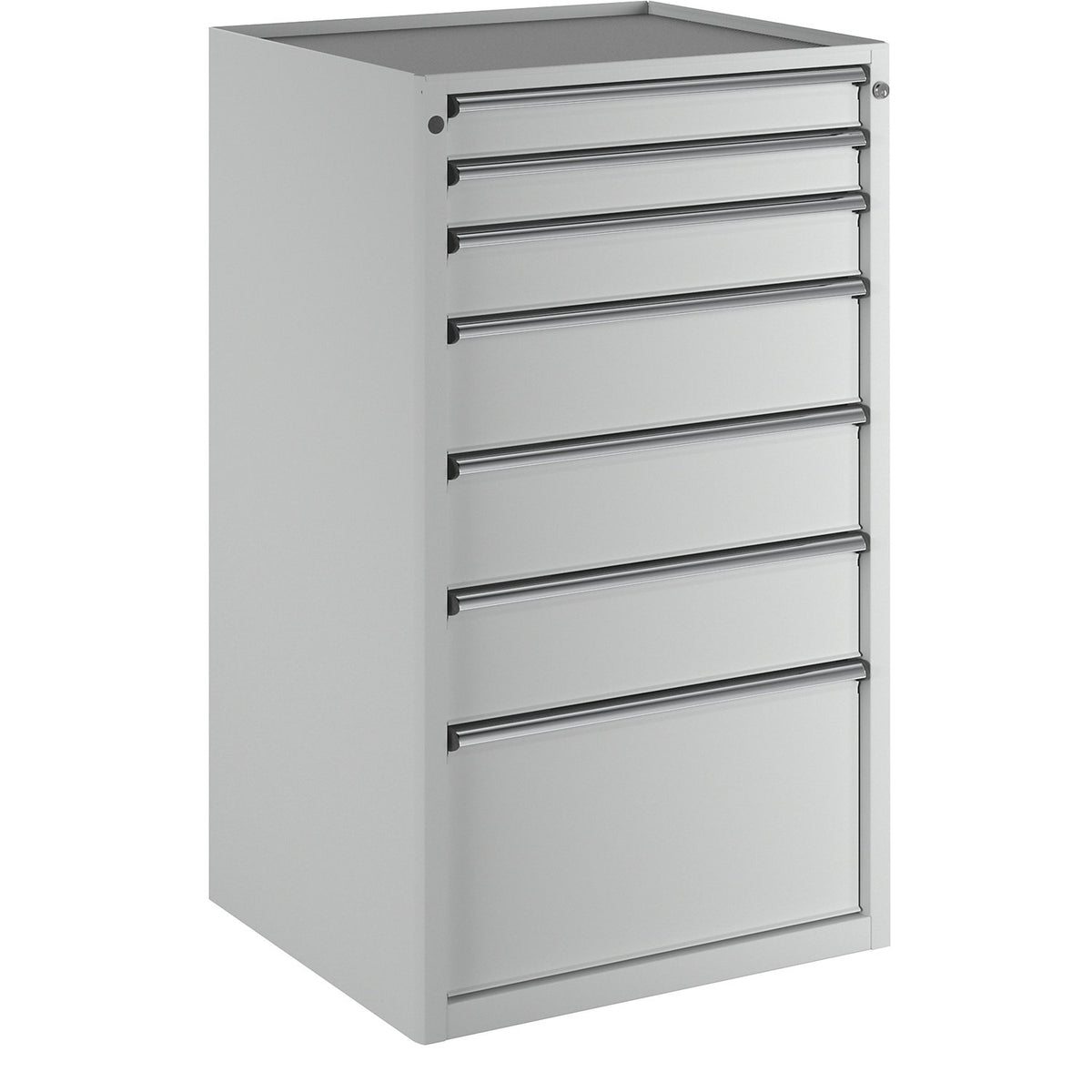 Drawer cupboard, WxD 760 x 675 mm, max. drawer load 200 kg, 7 drawers, height 1280 mm, front in light grey.