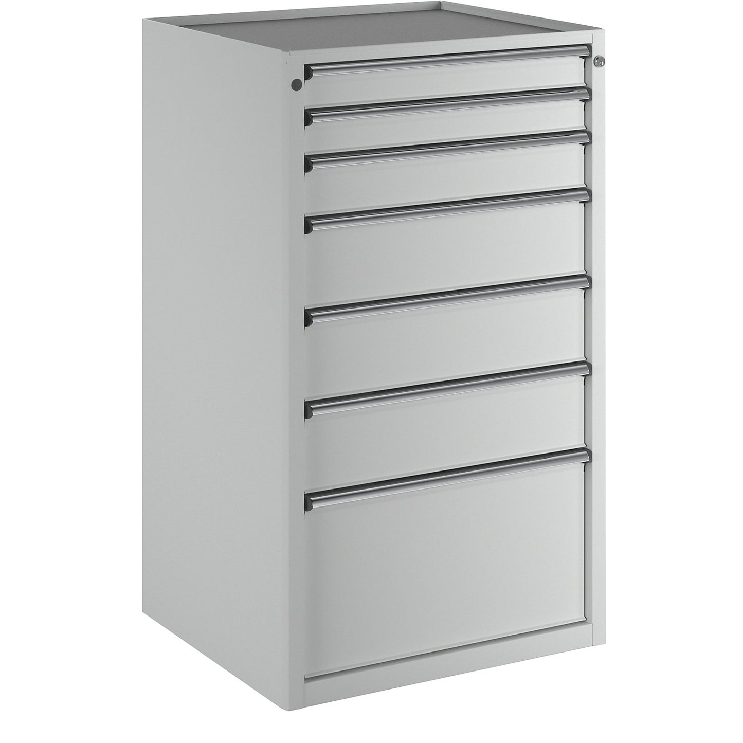 Drawer cupboard, WxD 760 x 675 mm, max. drawer load 200 kg, 7 drawers, height 1280 mm, front in light grey.
