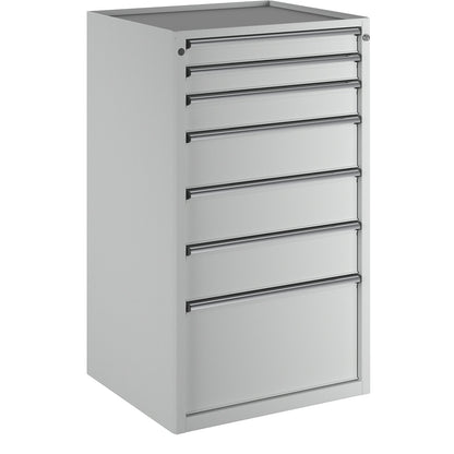 Drawer cupboard, WxD 760 x 675 mm, max. drawer load 200 kg, 7 drawers, height 1280 mm, front in light grey.