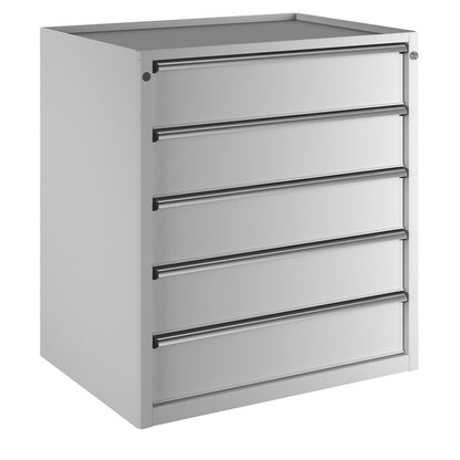 Drawer cupboard, WxD 910 x 675 mm, max. drawer load 100 kg, 5 drawers, height 980 mm, front in light grey.