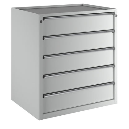 Drawer cupboard, WxD 910 x 675 mm, max. drawer load 200 kg, 5 drawers, height 980 mm, front in light grey.