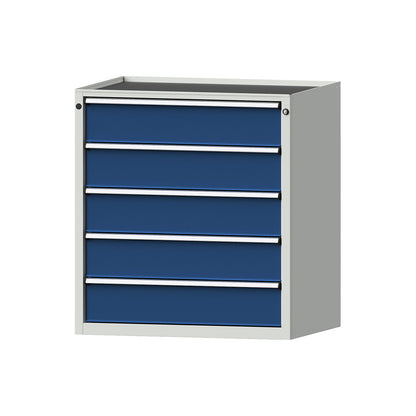 Drawer cupboard, WxD 910 x 675 mm, max. drawer load 200 kg, 5 drawers, height 980 mm, front in gentian blue.