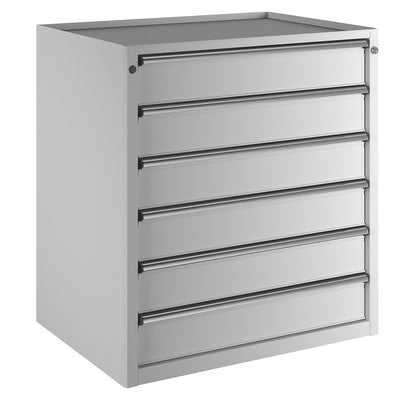 Drawer cupboard, WxD 910 x 675 mm, max. drawer load 100 kg, 6 drawers, height 980 mm, front in light grey.