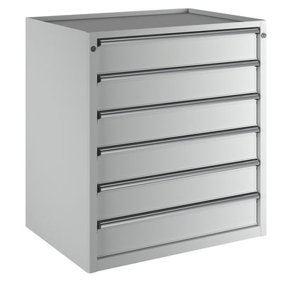 Drawer cupboard, WxD 910 x 675 mm, max. drawer load 200 kg, 6 drawers, height 980 mm, front in light grey.