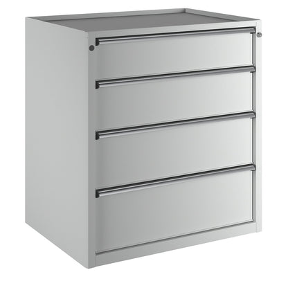 Drawer cupboard, WxD 910 x 675 mm, max. drawer load 100 kg, 4 drawers, height 980 mm, front in light grey.