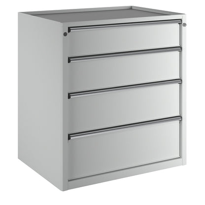 Drawer cupboard, WxD 910 x 675 mm, max. drawer load 200 kg, 4 drawers, height 980 mm, front in light grey.