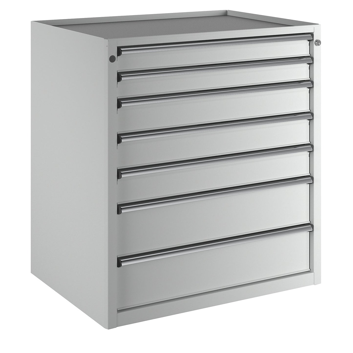Drawer cupboard, WxD 910 x 675 mm, max. drawer load 100 kg, 7 drawers, height 980 mm, front in light grey.