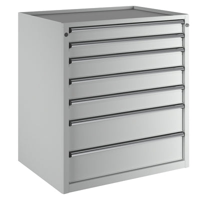 Drawer cupboard, WxD 910 x 675 mm, max. drawer load 100 kg, 7 drawers, height 980 mm, front in light grey.