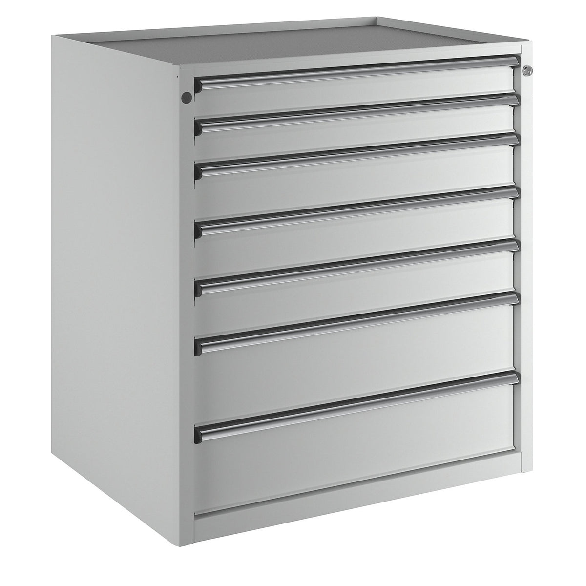 Drawer cupboard, WxD 910 x 675 mm, max. drawer load 100 kg, 7 drawers, height 980 mm, front in light grey.