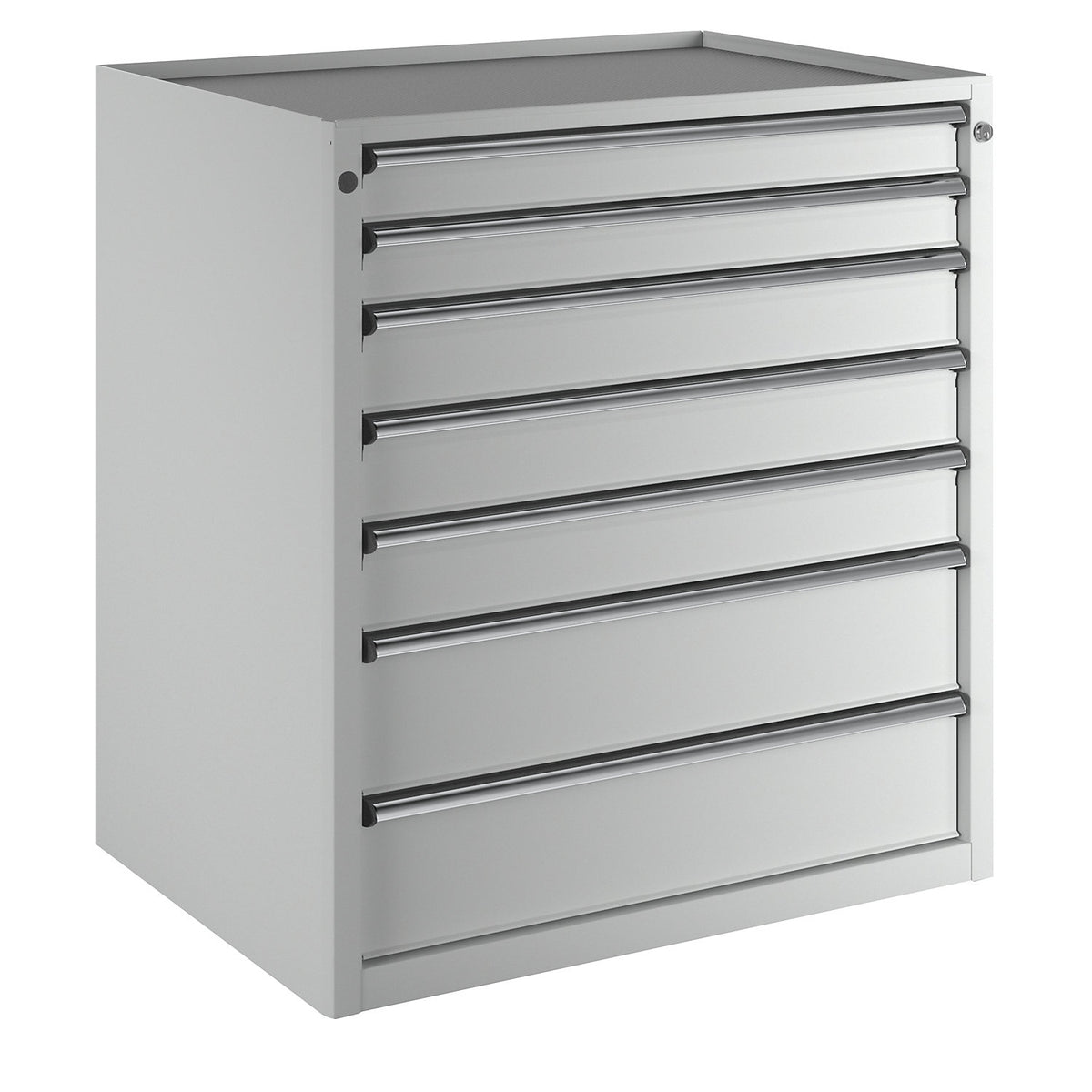 Drawer cupboard, WxD 910 x 675 mm, max. drawer load 200 kg, 7 drawers, height 980 mm, front in light grey.