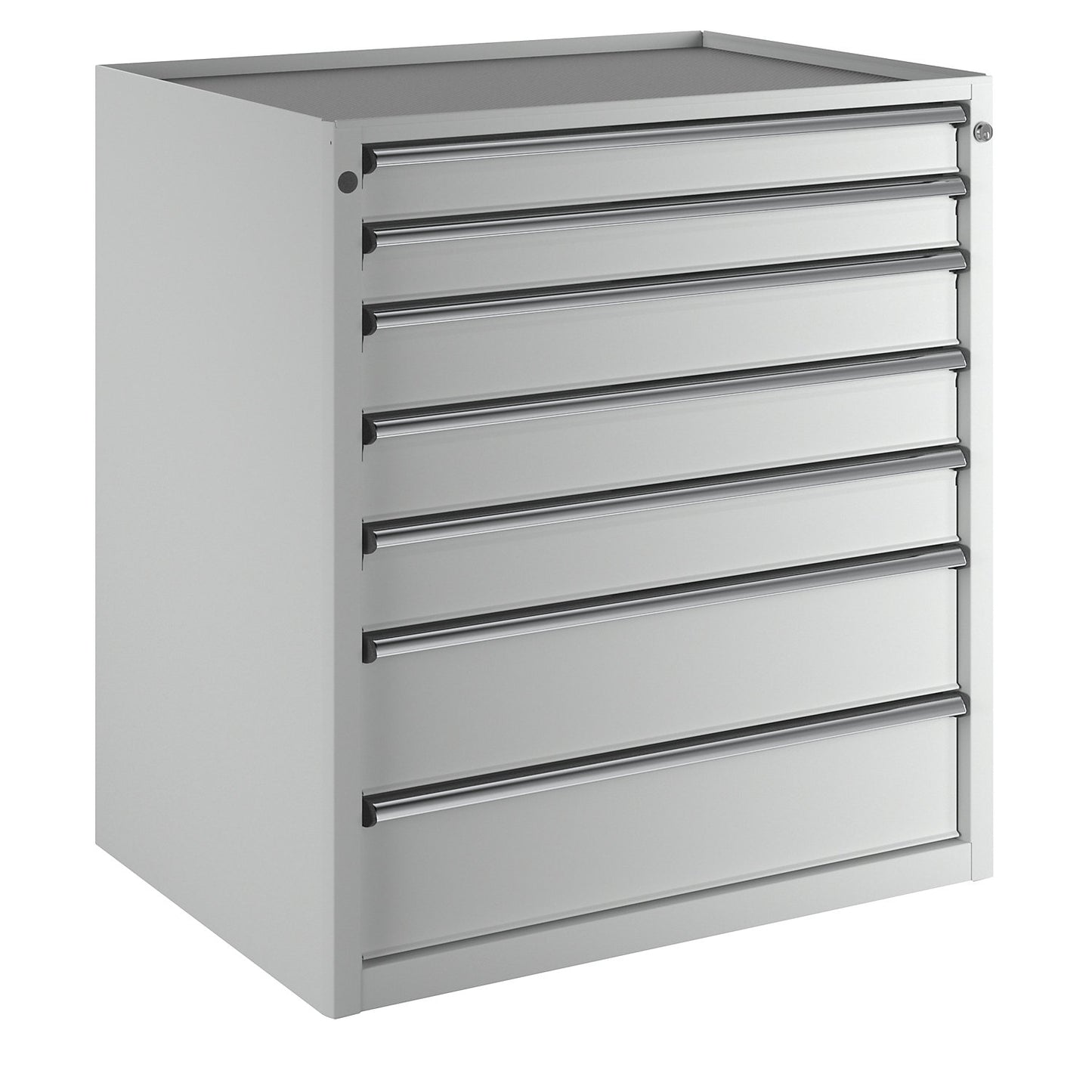 Drawer cupboard, WxD 910 x 675 mm, max. drawer load 200 kg, 7 drawers, height 980 mm, front in light grey.