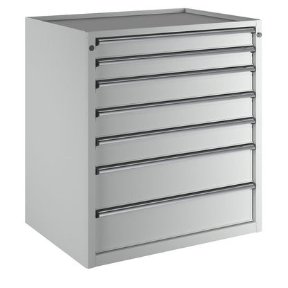 Drawer cupboard, WxD 910 x 675 mm, max. drawer load 200 kg, 7 drawers, height 980 mm, front in light grey.