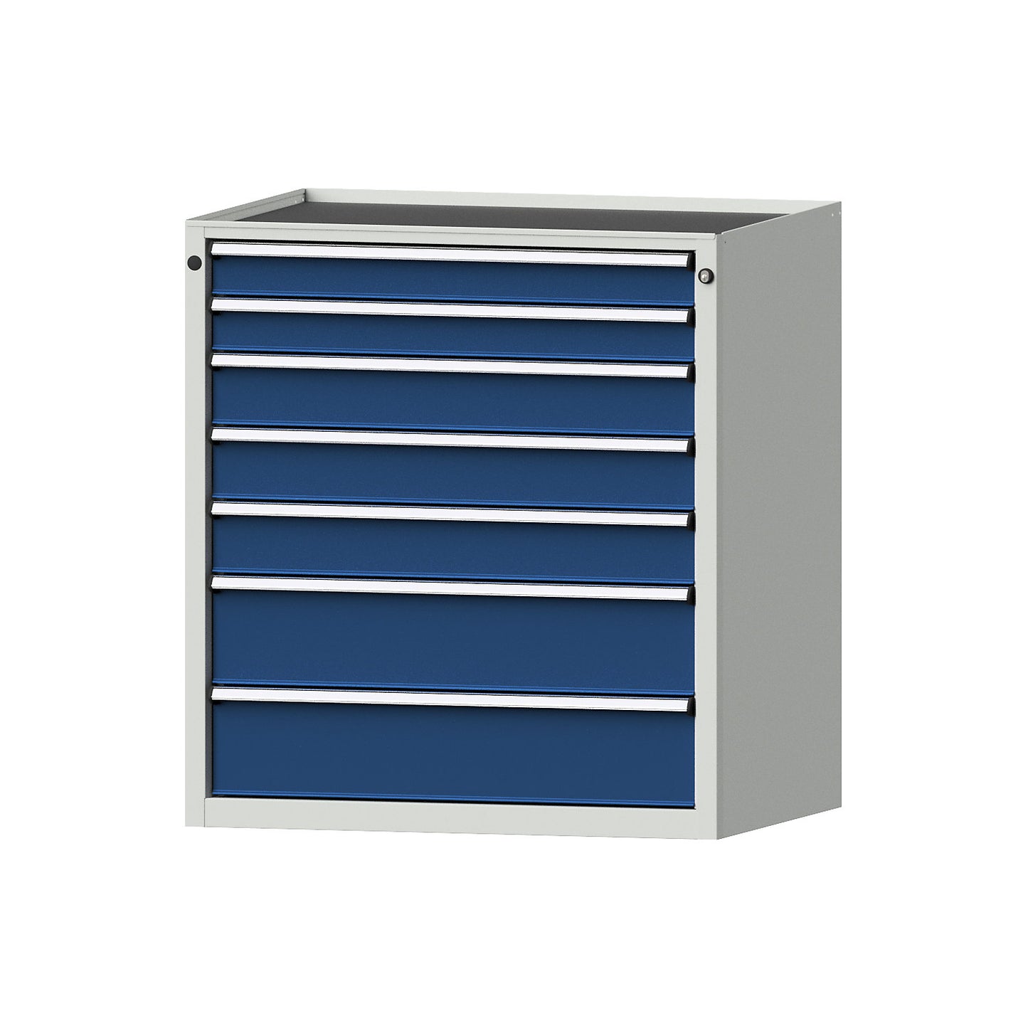 Drawer cupboard, WxD 910 x 675 mm, max. drawer load 100 kg, 7 drawers, height 980 mm, front in gentian blue.