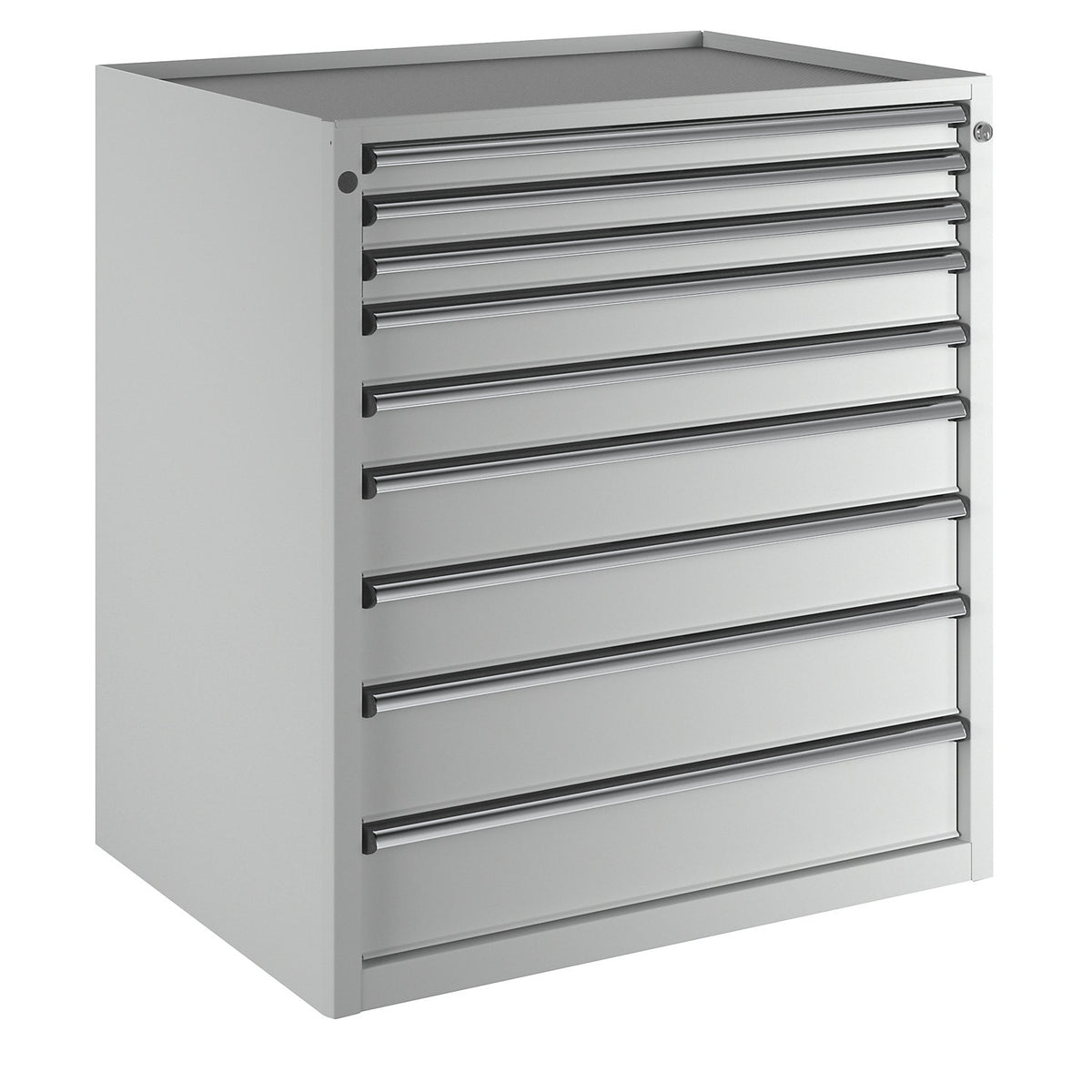 Drawer cupboard, WxD 910 x 675 mm, max. drawer load 100 kg, 9 drawers, height 980 mm, front in light grey.