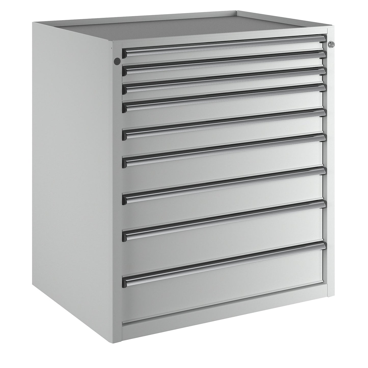Drawer cupboard, WxD 910 x 675 mm, max. drawer load 100 kg, 9 drawers, height 980 mm, front in light grey.