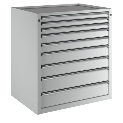 Drawer cupboard, WxD 910 x 675 mm, max. drawer load 100 kg, 9 drawers, height 980 mm, front in light grey.