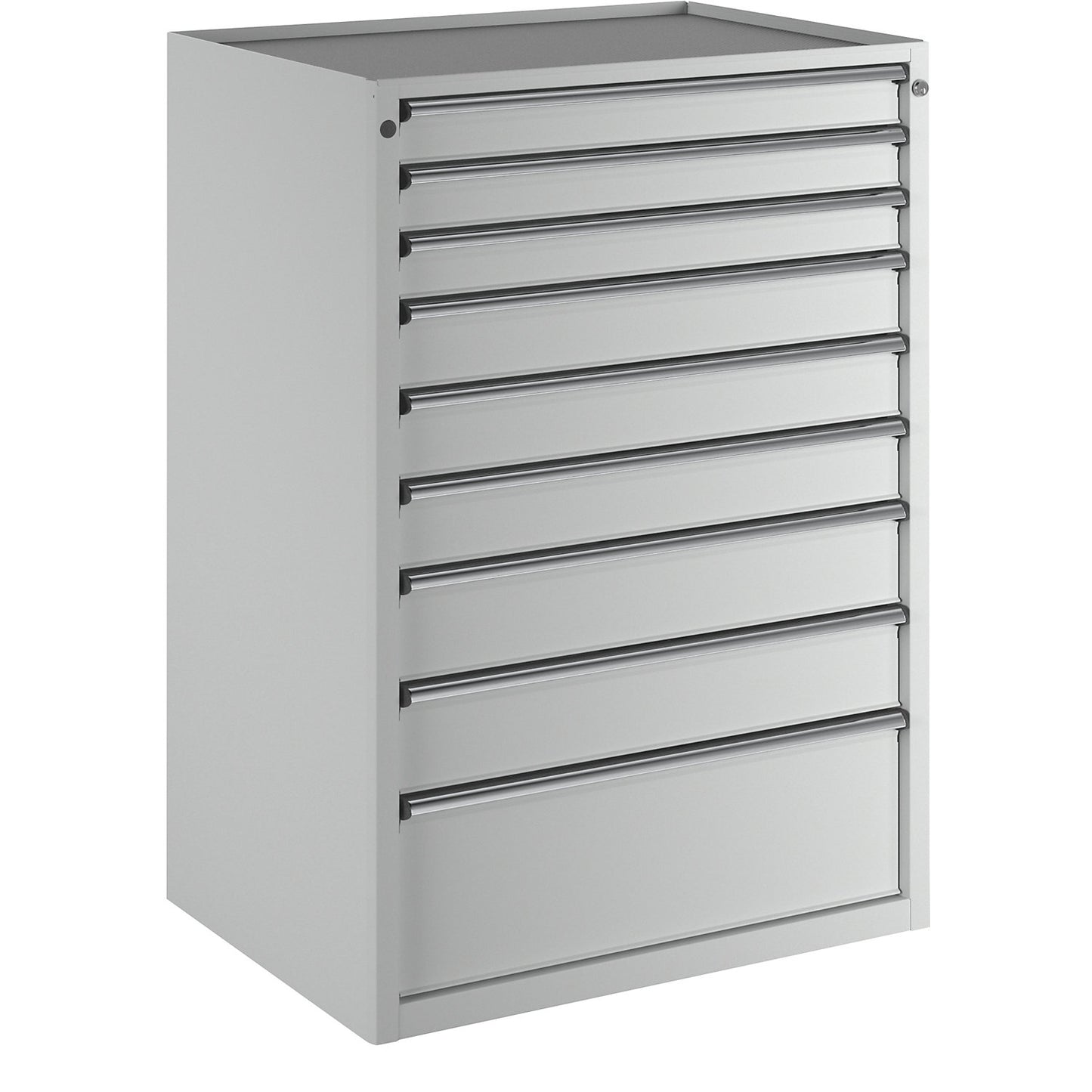Drawer cupboard, WxD 910 x 675 mm, max. drawer load 100 kg, 9 drawers, height 1280 mm, front in light grey.