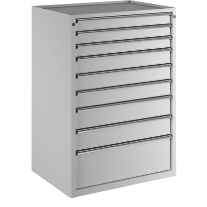 Drawer cupboard, WxD 910 x 675 mm, max. drawer load 100 kg, 9 drawers, height 1280 mm, front in light grey.