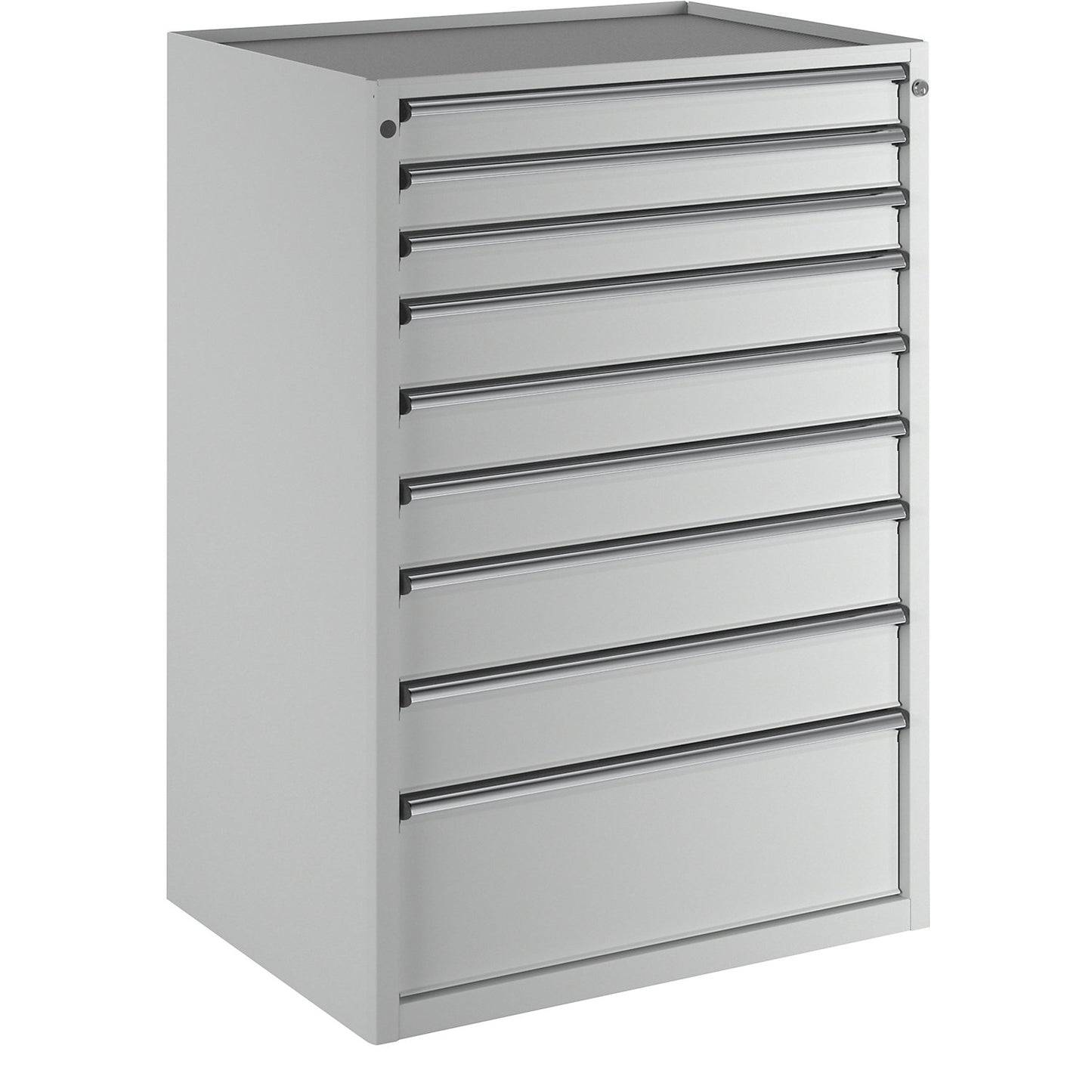 Drawer cupboard, WxD 910 x 675 mm, max. drawer load 200 kg, 9 drawers, height 1280 mm, front in light grey.