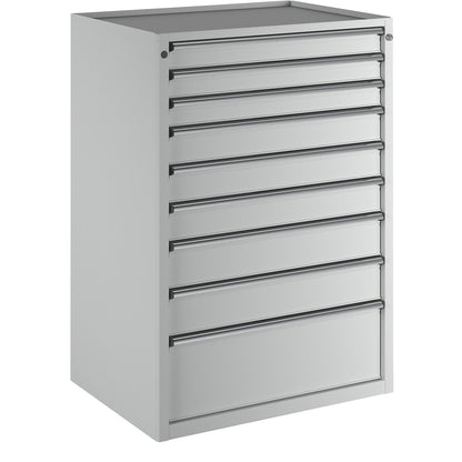 Drawer cupboard, WxD 910 x 675 mm, max. drawer load 200 kg, 9 drawers, height 1280 mm, front in light grey.