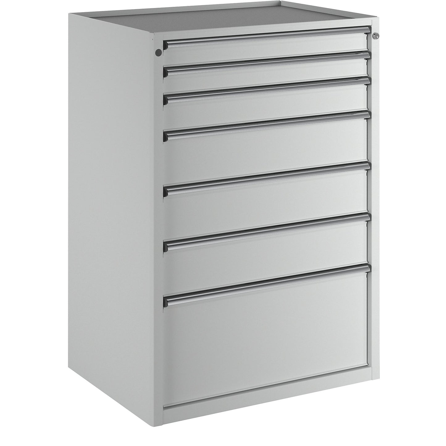 Drawer cupboard, WxD 910 x 675 mm, max. drawer load 100 kg, 7 drawers, height 1280 mm, front in light grey.
