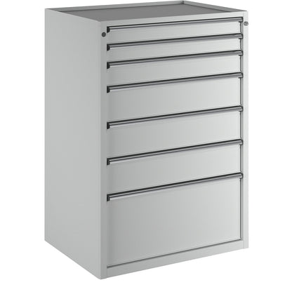 Drawer cupboard, WxD 910 x 675 mm, max. drawer load 100 kg, 7 drawers, height 1280 mm, front in light grey.