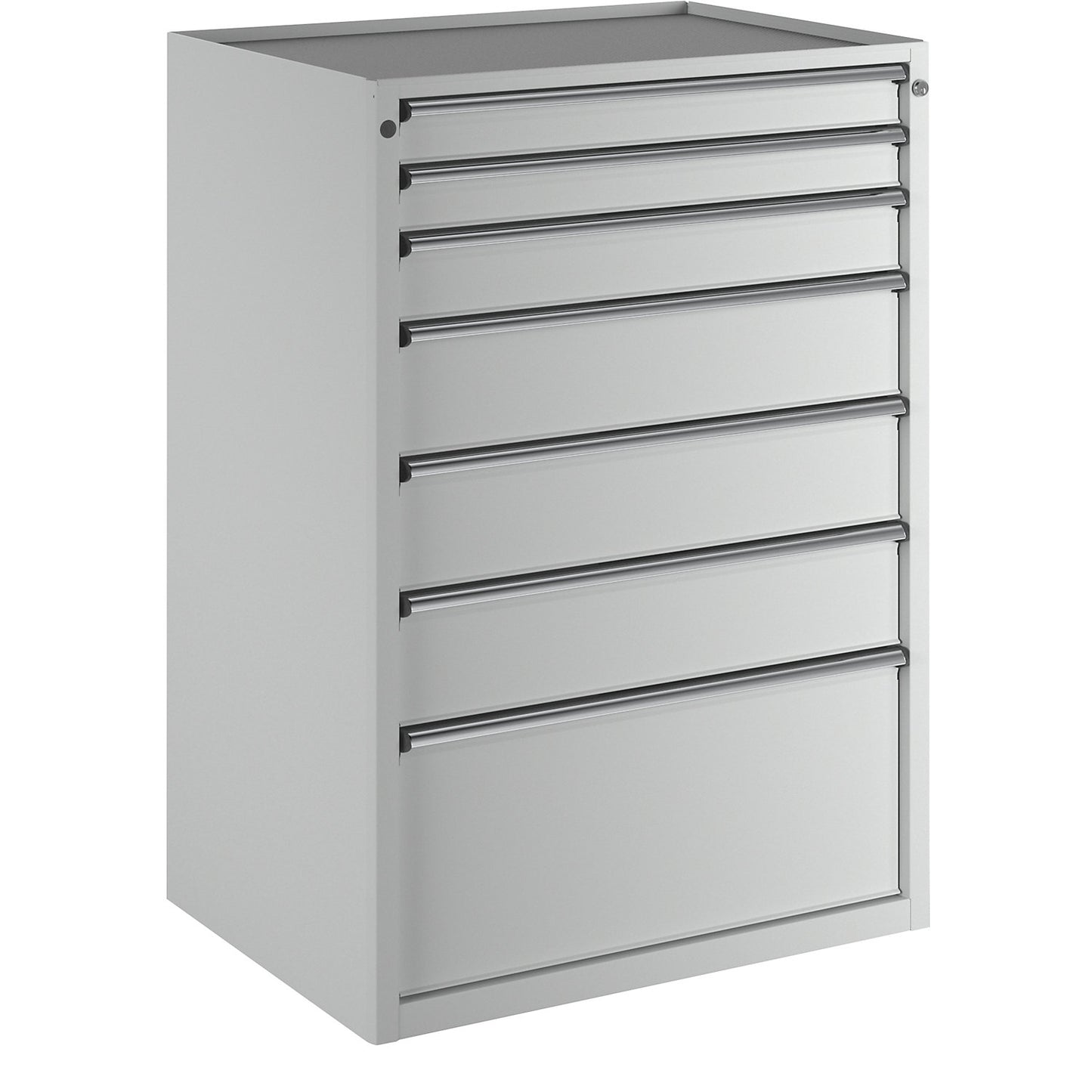 Drawer cupboard, WxD 910 x 675 mm, max. drawer load 200 kg, 7 drawers, height 1280 mm, front in light grey.
