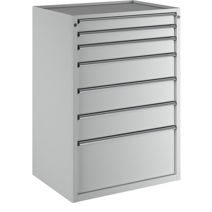 Drawer cupboard, WxD 910 x 675 mm, max. drawer load 200 kg, 7 drawers, height 1280 mm, front in light grey.
