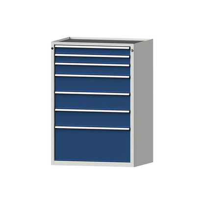 Drawer cupboard, WxD 910 x 675 mm, max. drawer load 100 kg, 7 drawers, height 1280 mm, front in gentian blue.