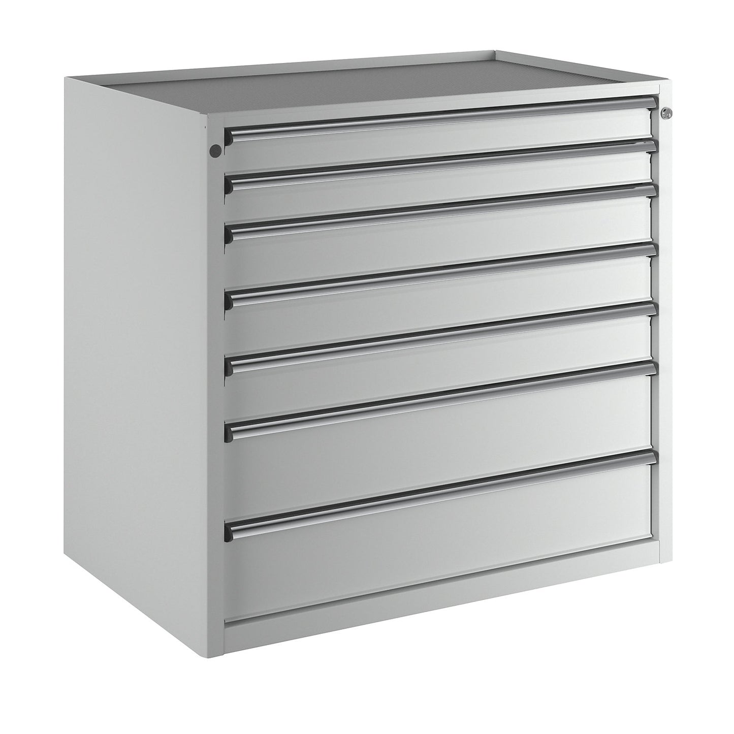 Drawer cupboard, WxD 1060 x 675 mm, max. drawer load 100 kg, 7 drawers, height 980 mm, front in light grey.