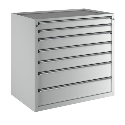 Drawer cupboard, WxD 1060 x 675 mm, max. drawer load 100 kg, 7 drawers, height 980 mm, front in light grey.