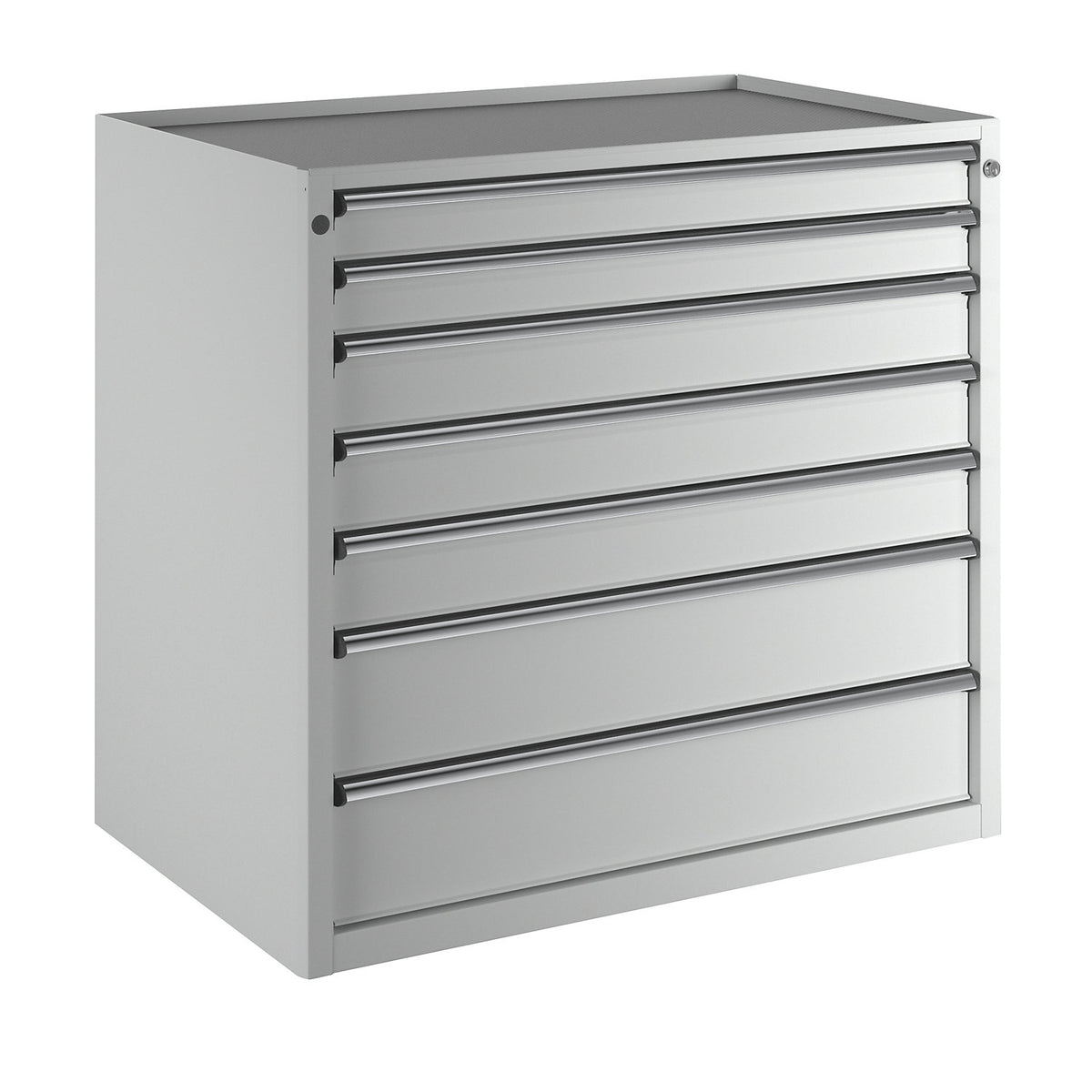 Drawer cupboard, WxD 1060 x 675 mm, max. drawer load 200 kg, 7 drawers, height 980 mm, front in light grey.