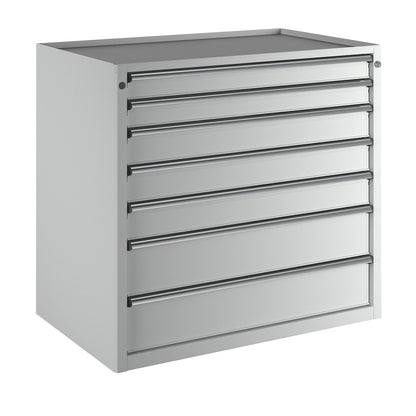 Drawer cupboard, WxD 1060 x 675 mm, max. drawer load 200 kg, 7 drawers, height 980 mm, front in light grey.