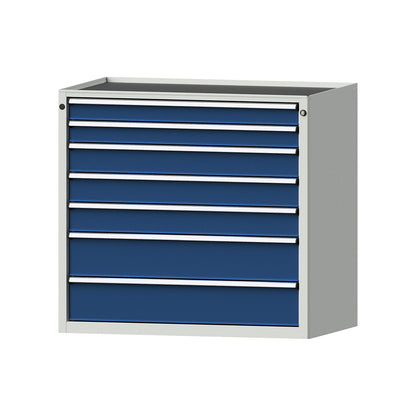 Drawer cupboard, WxD 1060 x 675 mm, max. drawer load 200 kg, 7 drawers, height 980 mm, front in gentian blue.