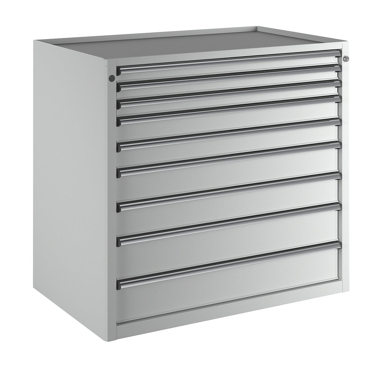 Drawer cupboard, WxD 1060 x 675 mm, max. drawer load 100 kg, 9 drawers, height 980 mm, front in light grey.