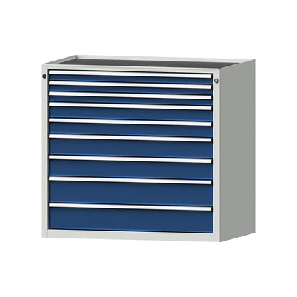 Drawer cupboard, WxD 1060 x 675 mm, max. drawer load 100 kg, 9 drawers, height 980 mm, front in gentian blue.