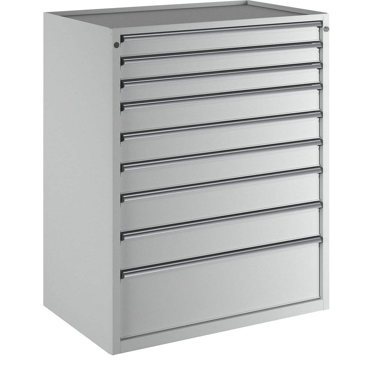 Drawer cupboard, WxD 1060 x 675 mm, max. drawer load 100 kg, 9 drawers, height 1280 mm, front in light grey.
