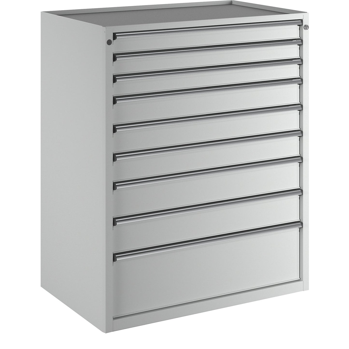 Drawer cupboard, WxD 1060 x 675 mm, max. drawer load 100 kg, 9 drawers, height 1280 mm, front in light grey.
