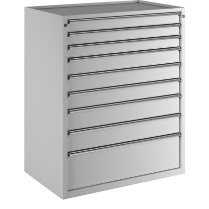 Drawer cupboard, WxD 1060 x 675 mm, max. drawer load 100 kg, 9 drawers, height 1280 mm, front in light grey.