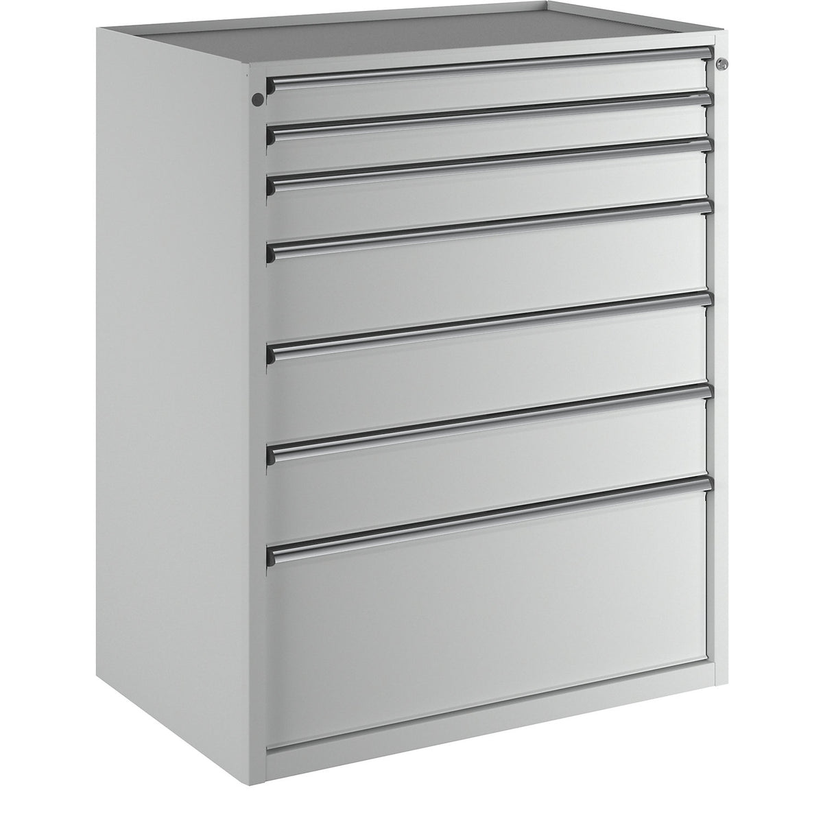 Drawer cupboard, WxD 1060 x 675 mm, max. drawer load 200 kg, 7 drawers, height 1280 mm, front in light grey.