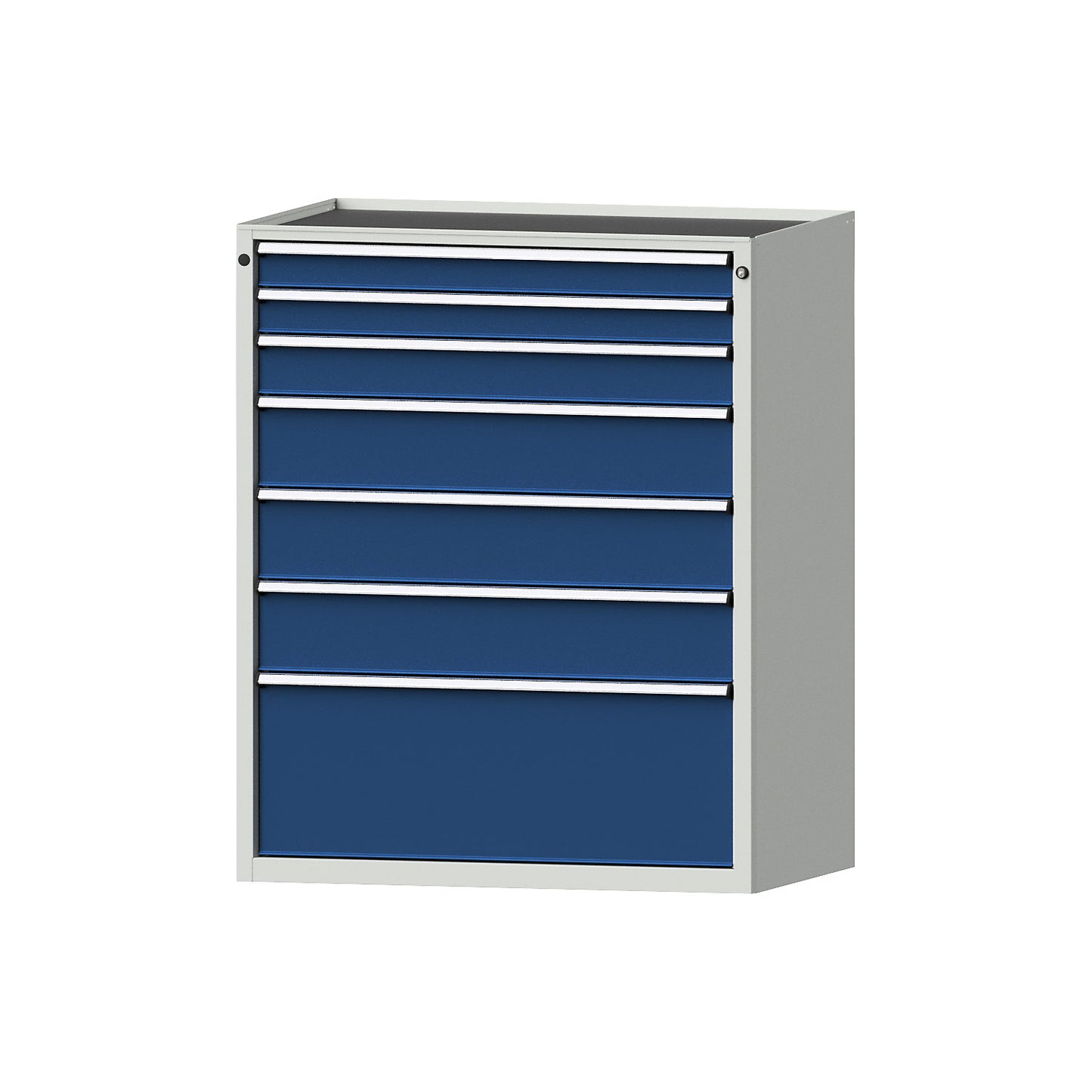 Drawer cupboard, WxD 1060 x 675 mm, max. drawer load 200 kg, 7 drawers, height 1280 mm, front in gentian blue.