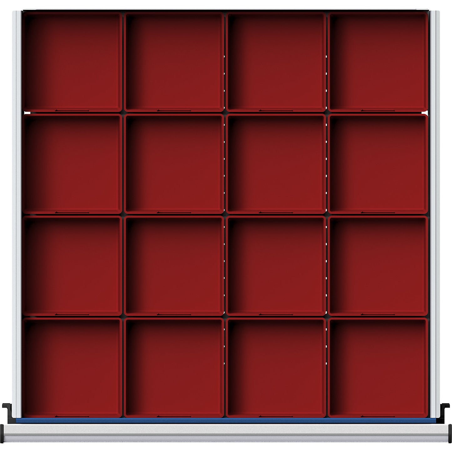 Plastic small parts bin, 16 trays for cupboard width 760 mm, for drawer height 90 - 150 mm.