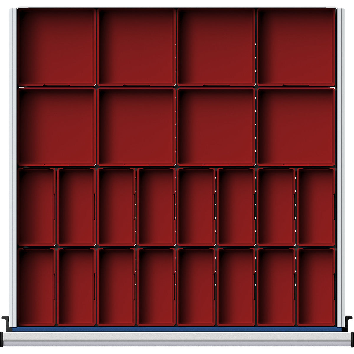 Plastic small parts bin, 24 parts, for cupboard width 760 mm, for drawer height 90 - 150 mm.