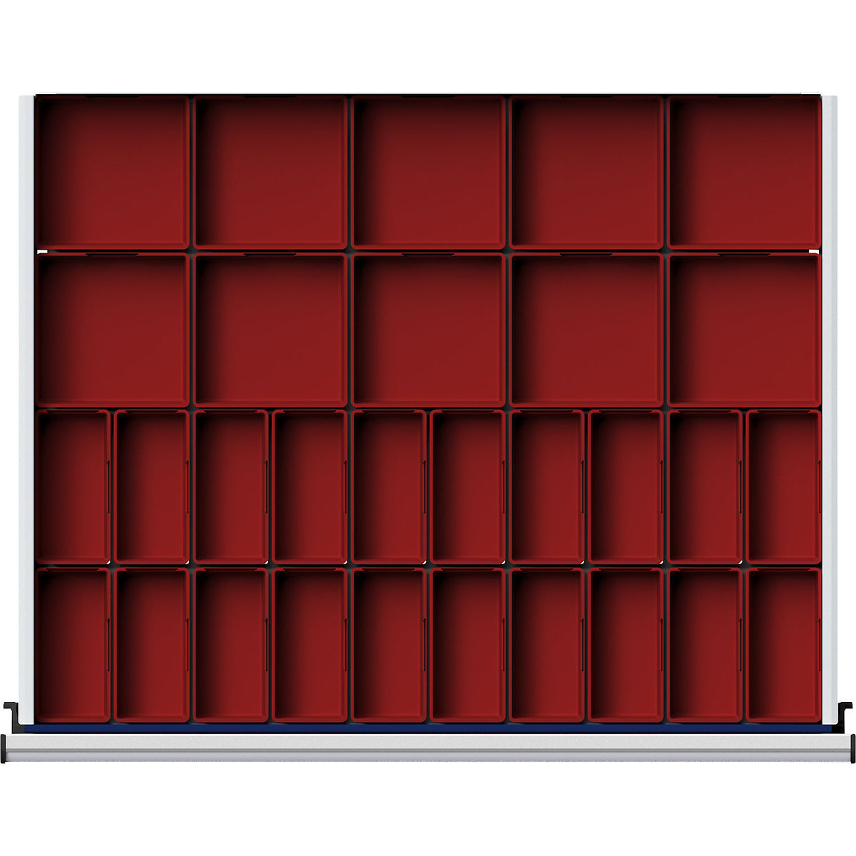 Plastic small parts bin, 30 parts, for cupboard width 910 mm, for drawer height 60 mm.