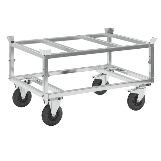 Pallet dolly, zinc plated, height 655 - 835 mm, with stops.